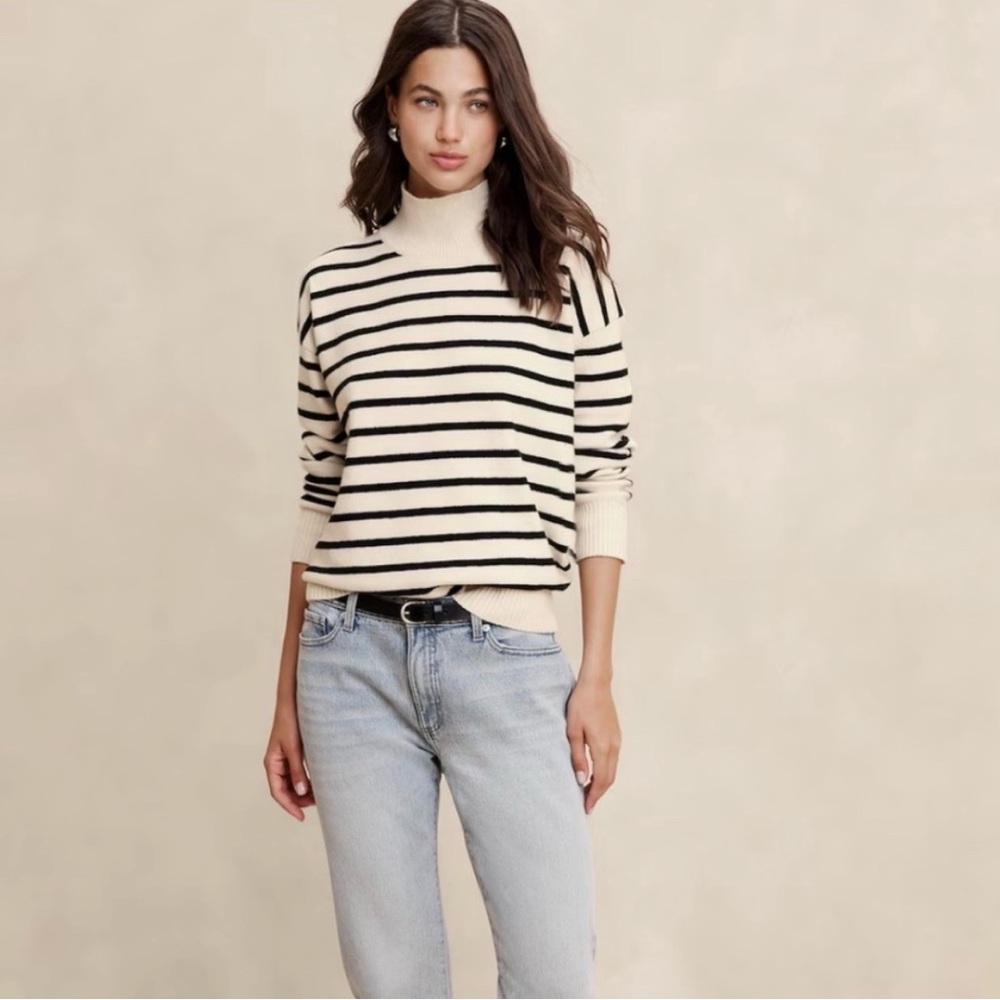 Banana Republic Factory Black and Cream Striped Turtleneck Sweater